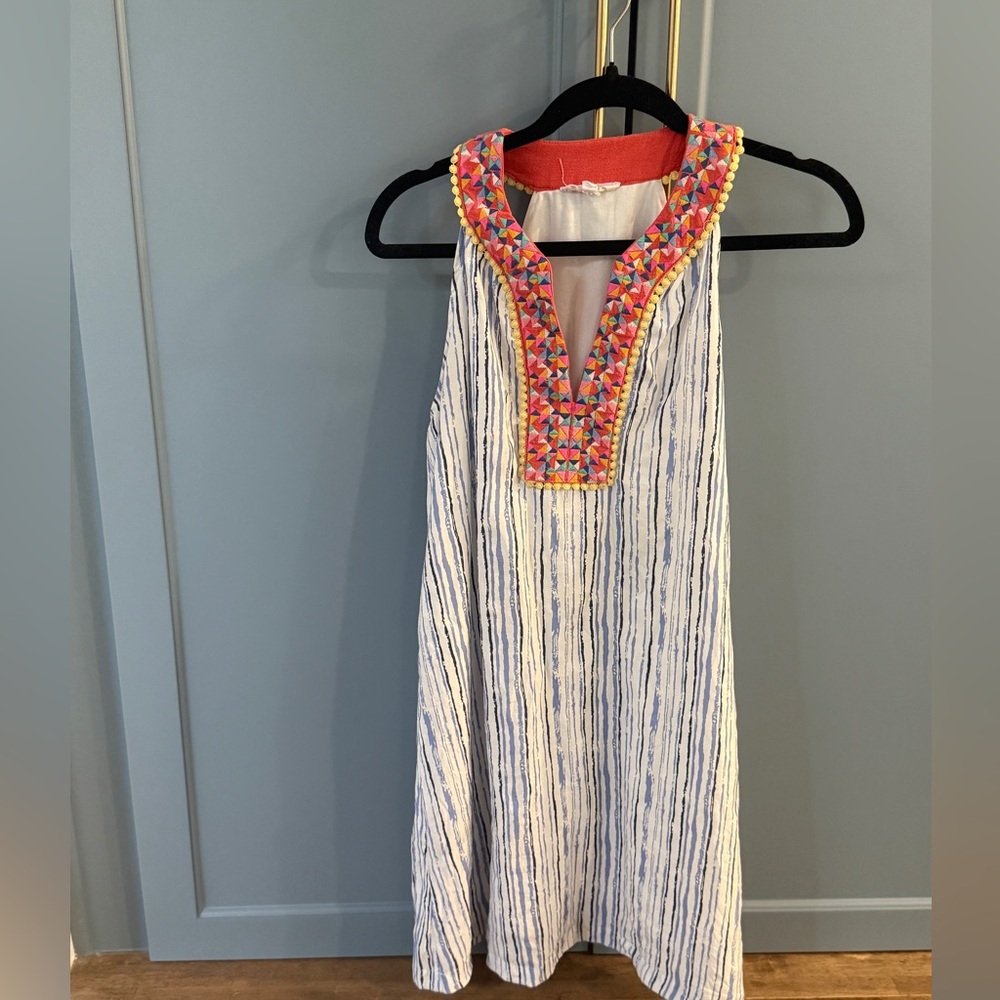 THML Women’s Dress with Blue Stripes and Embroidered Geometric Neckline